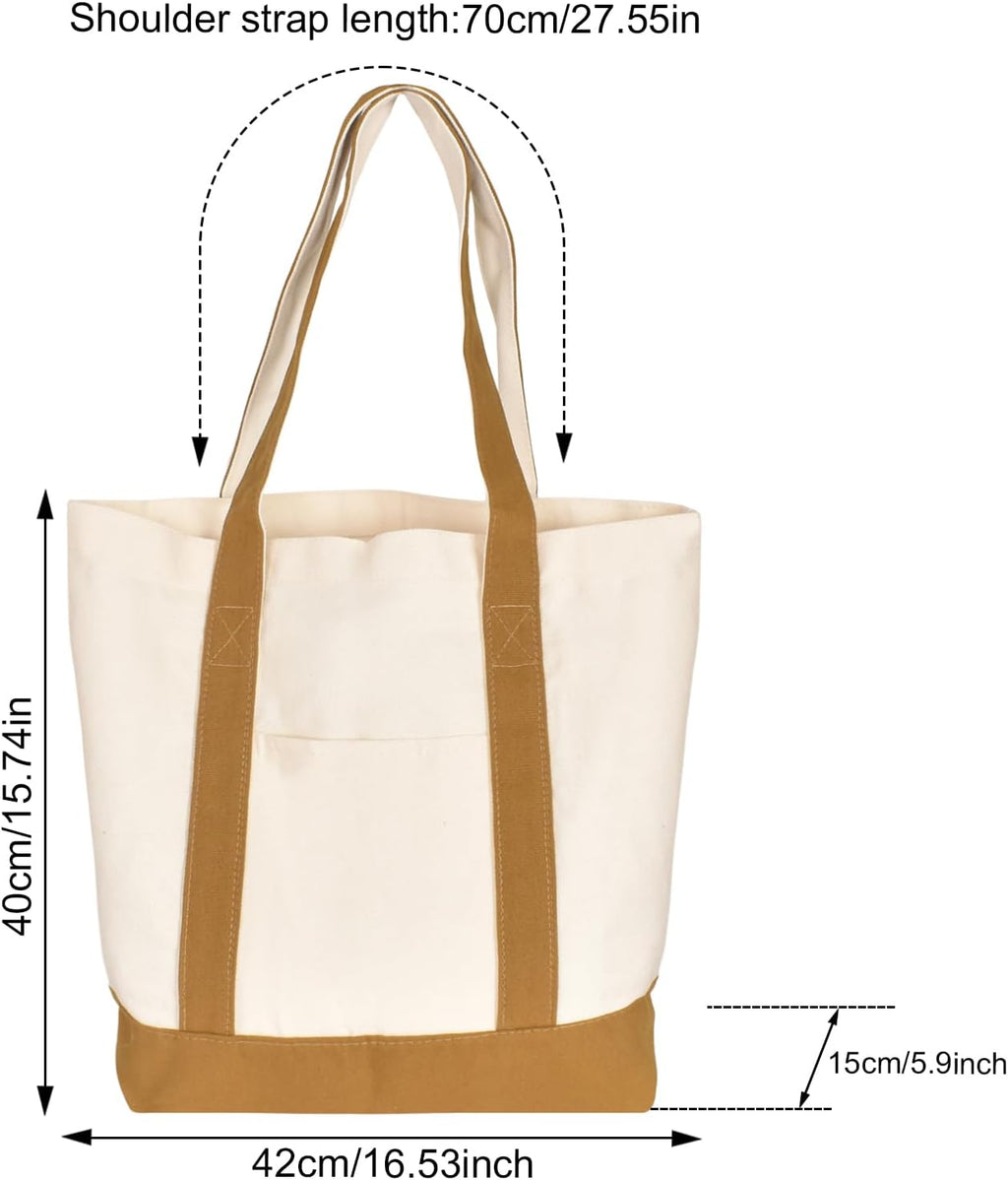 Robust Canvas Tote Bag, Canvas Shopping Bag, Cotton Bag with Extra Pocket, Reusable Shopping Bag for Shopper Beach Bag Fabric Bag Handbag Carry Bag, White and brown
