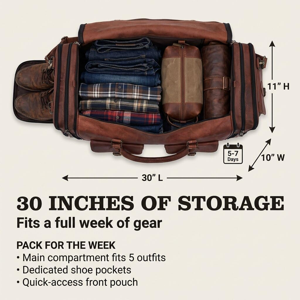 Handcrafted vintage-style large travel/gym duffel bag (30-inch); suitable for men's weekend or overnight trips