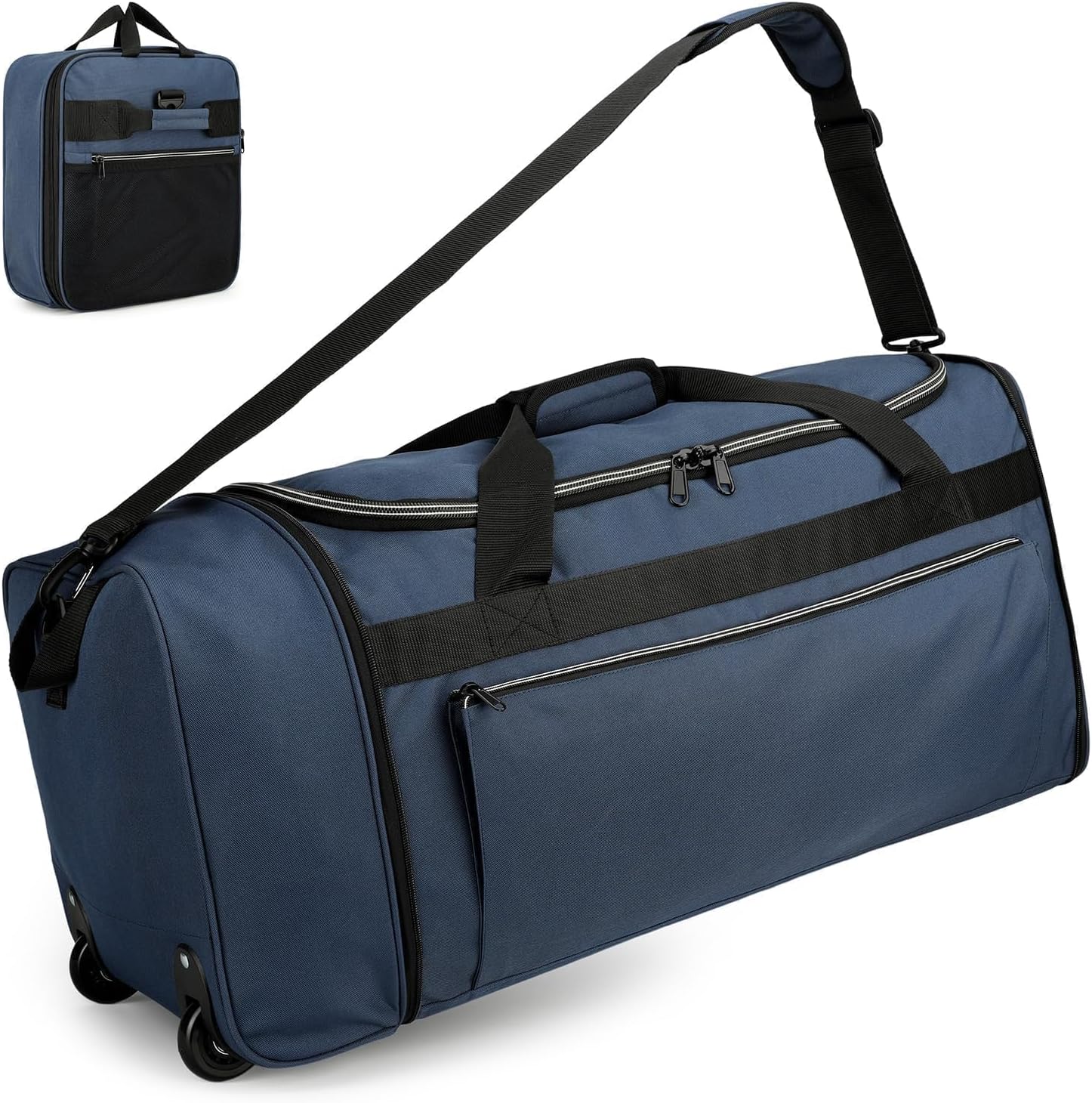 Foldable rolling duffel bag (28-inch large); suitable for travel, camping, or moving; waterproof material; Blue