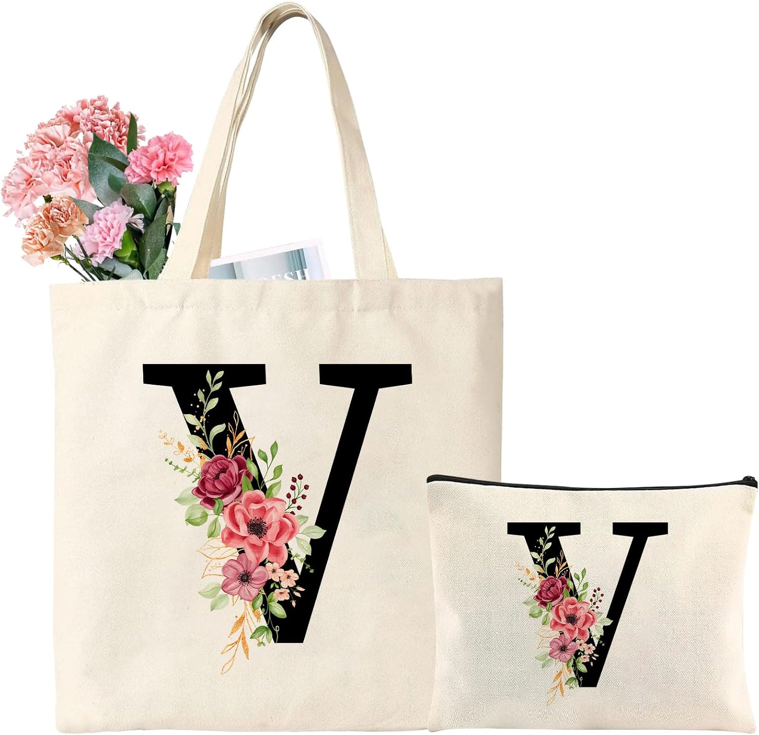 Initials Cotton Bag Personalised Letters Tote Bag and Cosmetic Bag Gift for Women Girlfriend Mum on Birthdays, Anniversary, Christmas
