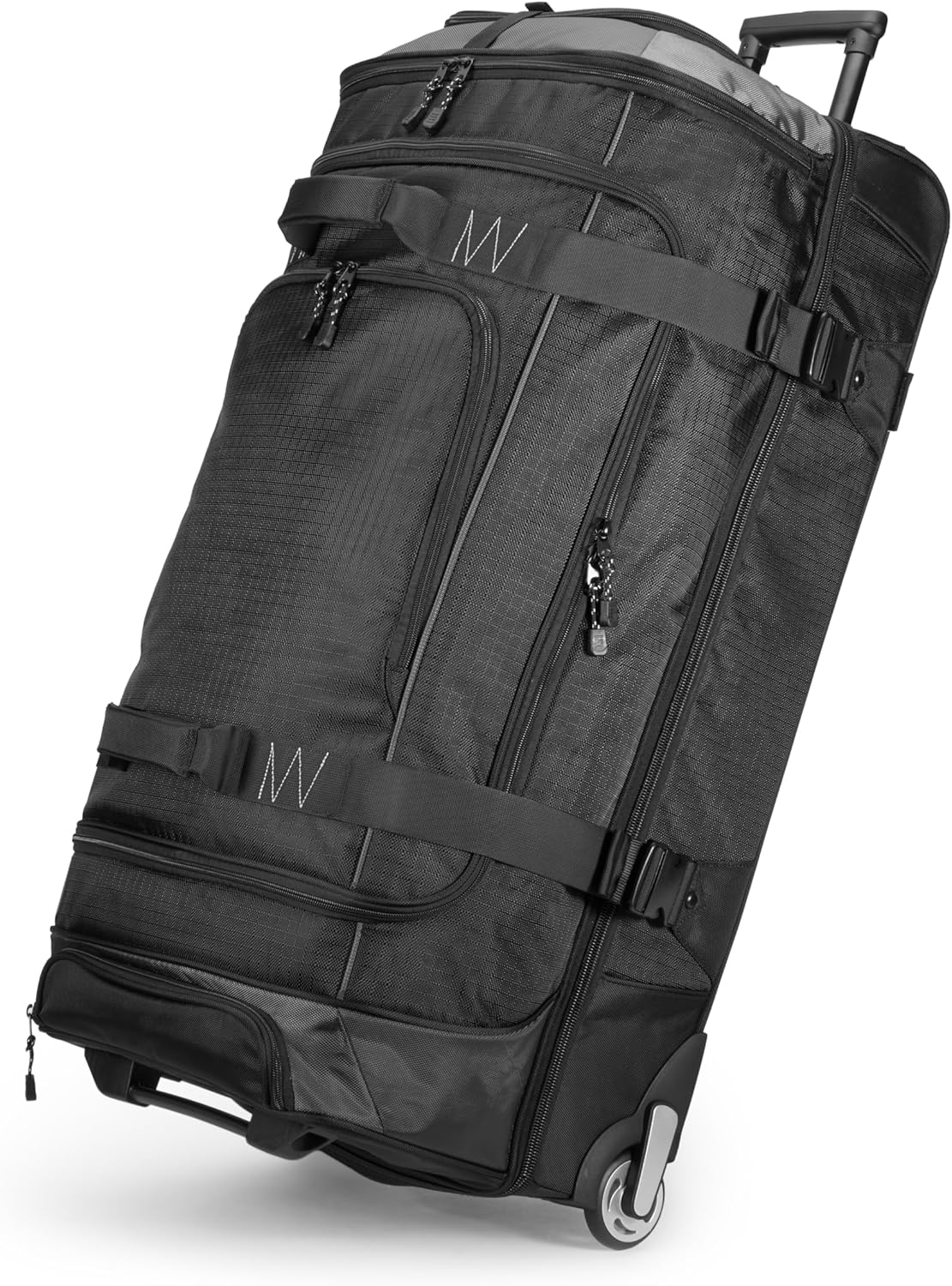 35-inch large rolling duffel bag made of durable ripstop polyester; features dual-level storage and multiple interior/exterior pockets; Black