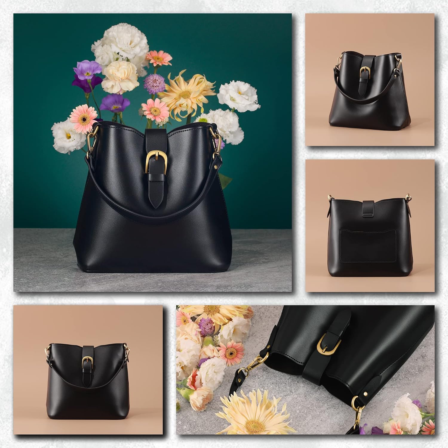 Bucket Vegan Leather Bag For Women  Retro Faux Casual Purse Classic Vintage Simple Shoulder Handbag