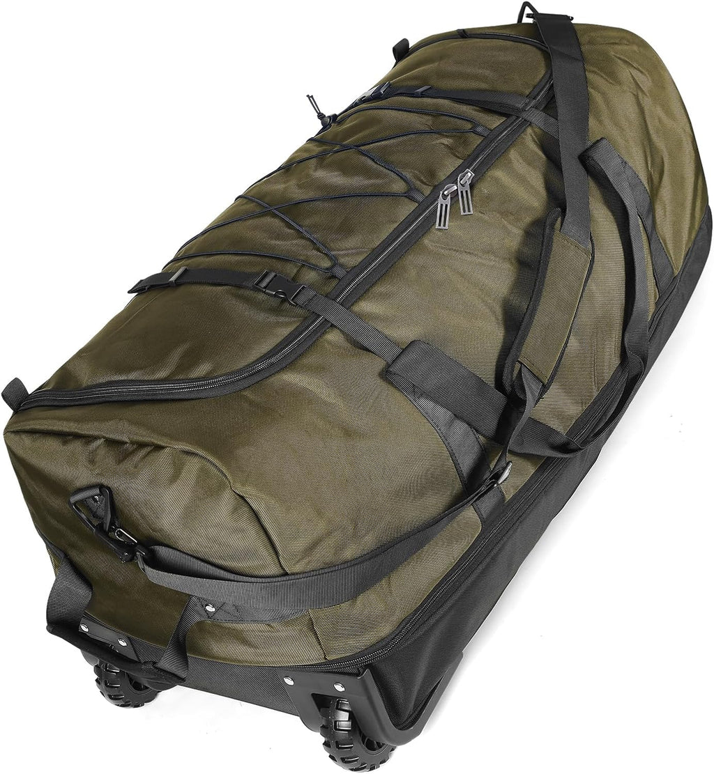 32-inch foldable Oxford fabric soft-sided rolling duffel (expandable to 140L); features 2 heavy-duty wheels, 2 large compartments, adjustable shoulder strap, and storage pouch; Green