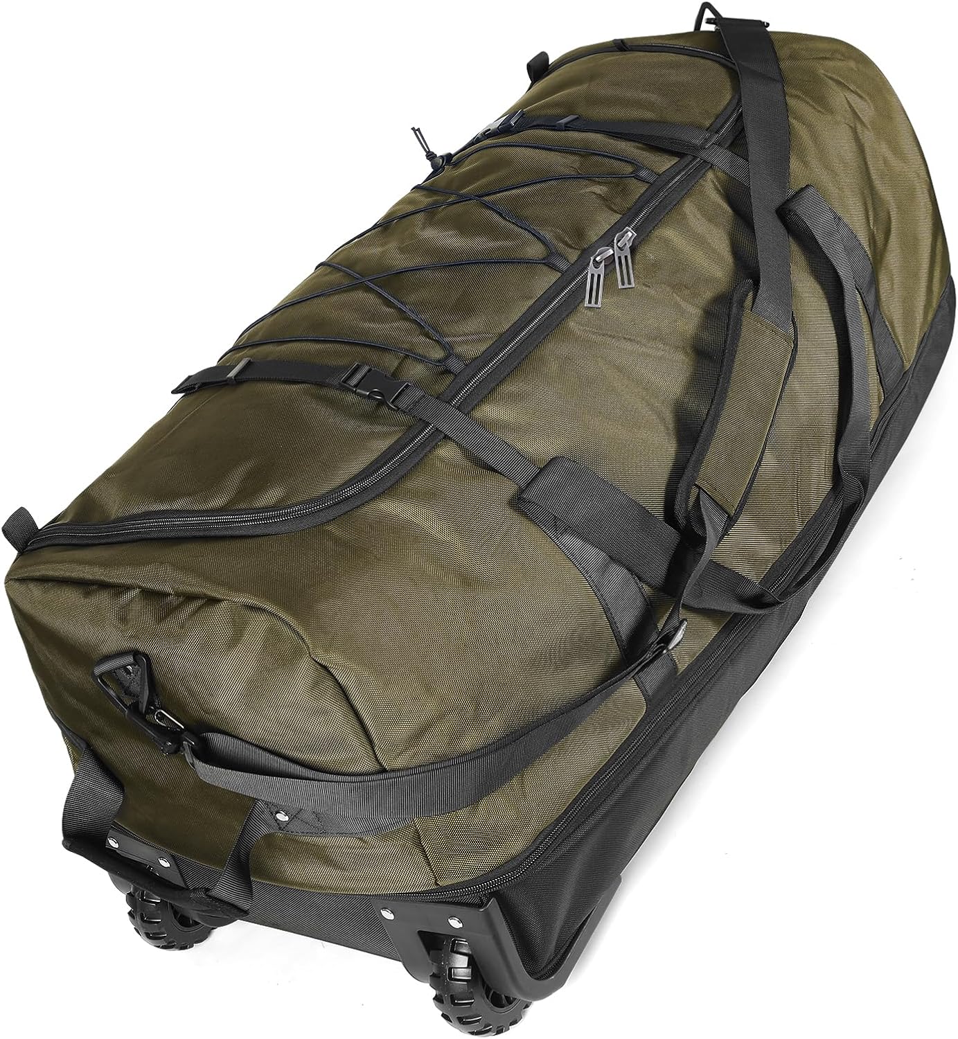 32-inch foldable Oxford fabric soft-sided rolling duffel (expandable to 140L); features 2 heavy-duty wheels, 2 large compartments, adjustable shoulder strap, and storage pouch; Green