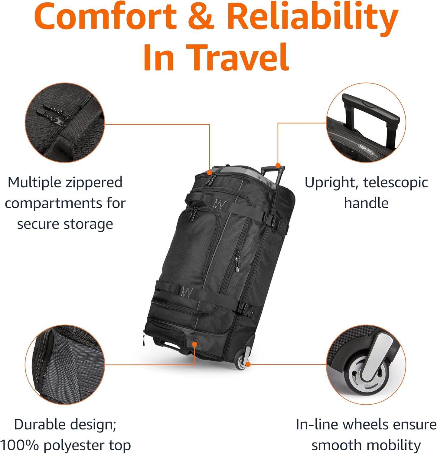 35-inch large rolling duffel bag made of durable ripstop polyester; features dual-level storage and multiple interior/exterior pockets; Black